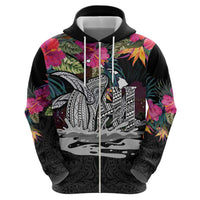 Personalised Hawaii Hoodie Humpback Whale Tattoo With Tropical Flowers Black LT14 - Polynesian Pride