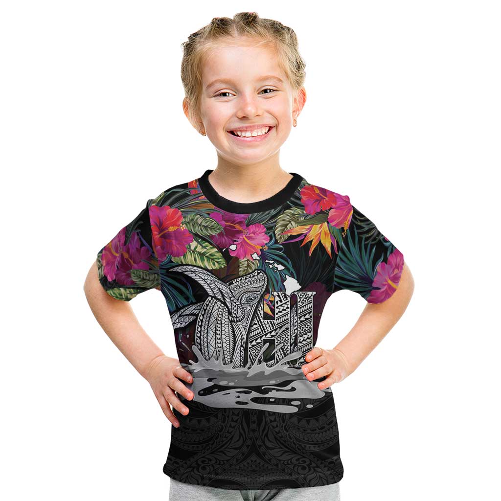 Personalised Hawaii Kid T Shirt Humpback Whale Tattoo With Tropical Flowers Black LT14 Black - Polynesian Pride
