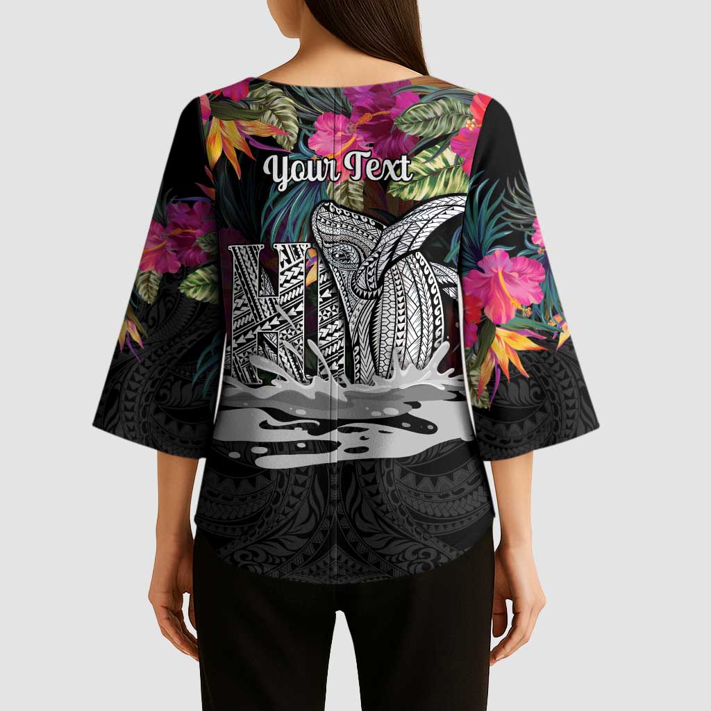 Personalised Hawaii Kimono Sleeve Blouse Humpback Whale Tattoo With Tropical Flowers Black LT14 - Polynesian Pride