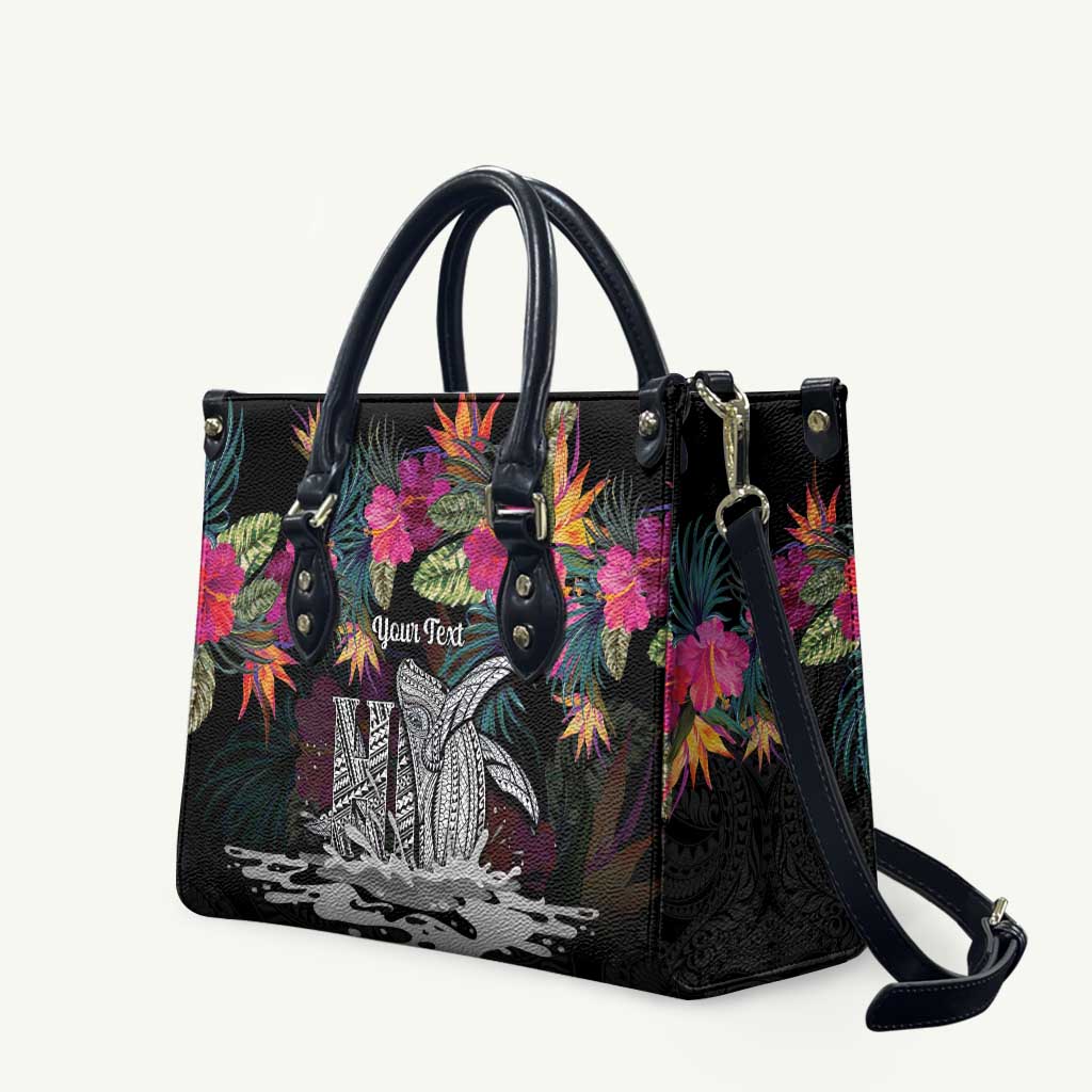 Personalised Hawaii Leather Bag Humpback Whale Tattoo With Tropical Flowers Black LT14 Black - Polynesian Pride