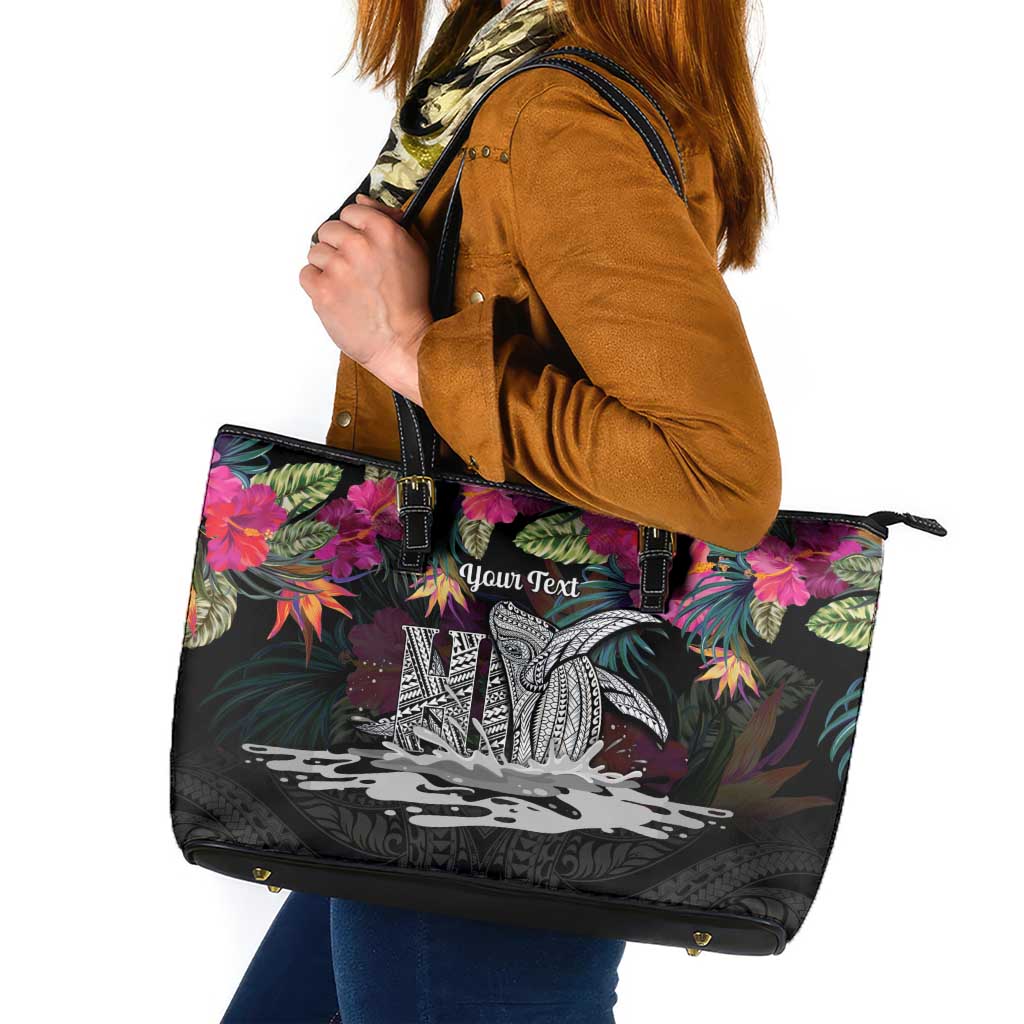 Personalised Hawaii Leather Tote Bag Humpback Whale Tattoo With Tropical Flowers Black LT14 Black - Polynesian Pride