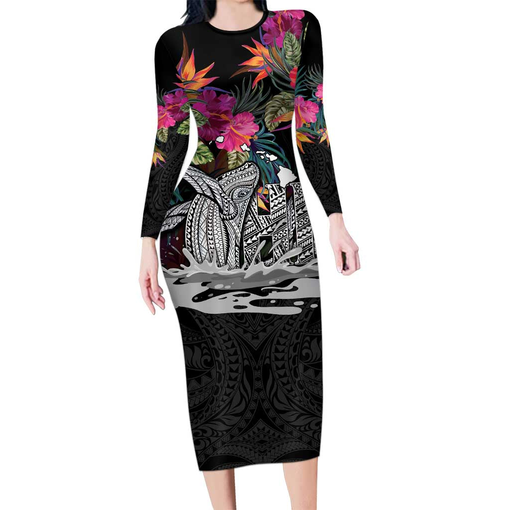 Personalised Hawaii Long Sleeve Bodycon Dress Humpback Whale Tattoo With Tropical Flowers Black