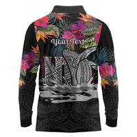 Personalised Hawaii Long Sleeve Polo Shirt Humpback Whale Tattoo With Tropical Flowers Black LT14 - Polynesian Pride