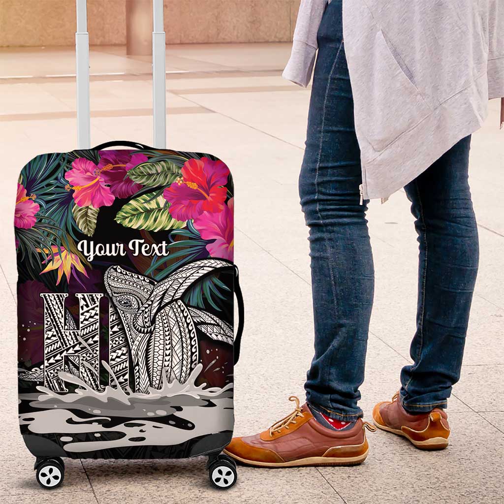 Personalised Hawaii Luggage Cover Humpback Whale Tattoo With Tropical Flowers Black LT14 Black - Polynesian Pride
