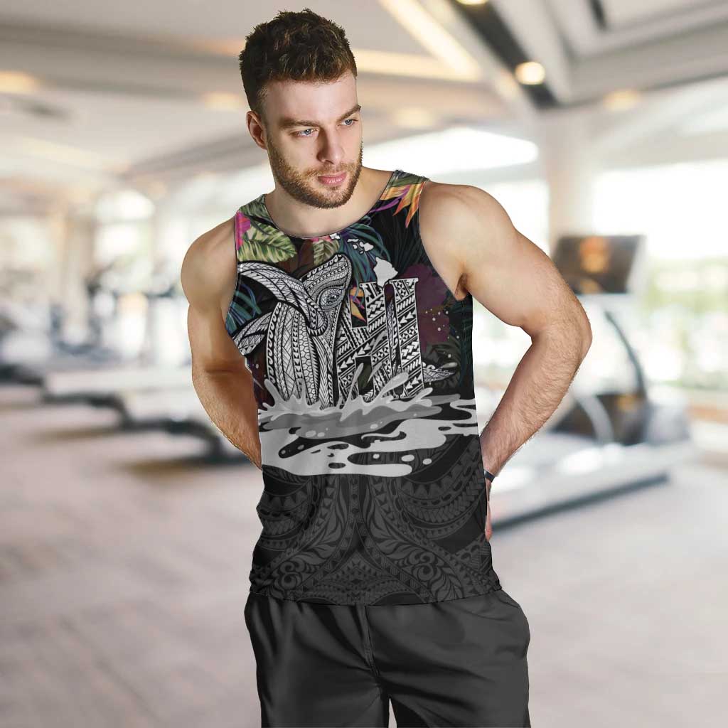 Personalised Hawaii Men Tank Top Humpback Whale Tattoo With Tropical Flowers Black