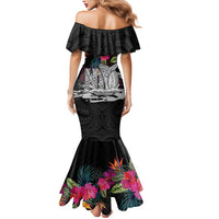 Personalised Hawaii Mermaid Dress Humpback Whale Tattoo With Tropical Flowers Black LT14 - Polynesian Pride