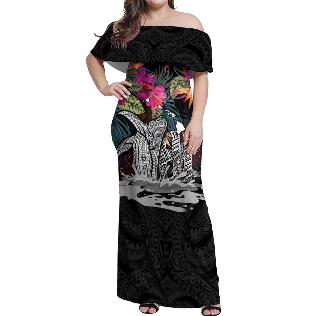 Personalised Hawaii Off Shoulder Maxi Dress Humpback Whale Tattoo With Tropical Flowers Black LT14 Women Black - Polynesian Pride