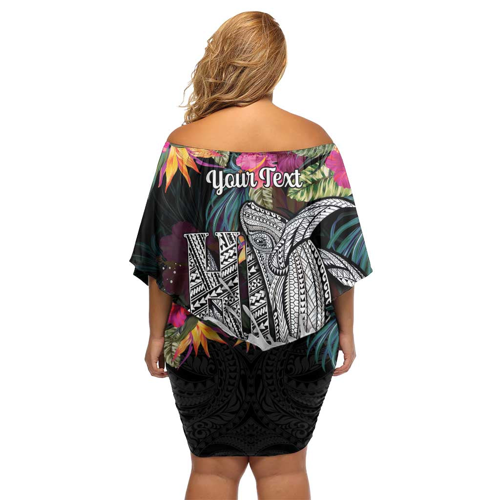 Personalised Hawaii Off Shoulder Short Dress Humpback Whale Tattoo With Tropical Flowers Black LT14 - Polynesian Pride