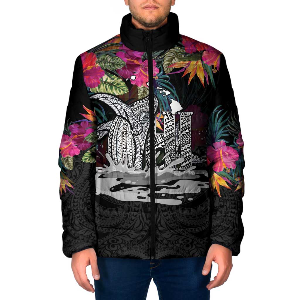 Personalised Hawaii Padded Jacket Humpback Whale Tattoo With Tropical Flowers Black LT14 Men Black - Polynesian Pride