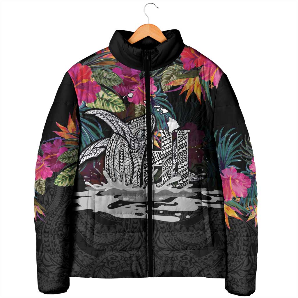 Personalised Hawaii Padded Jacket Humpback Whale Tattoo With Tropical Flowers Black LT14 - Polynesian Pride