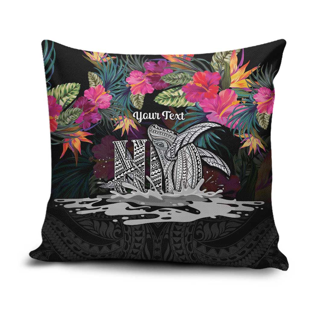 Personalised Hawaii Pillow Cover Humpback Whale Tattoo With Tropical Flowers Black LT14 Black - Polynesian Pride