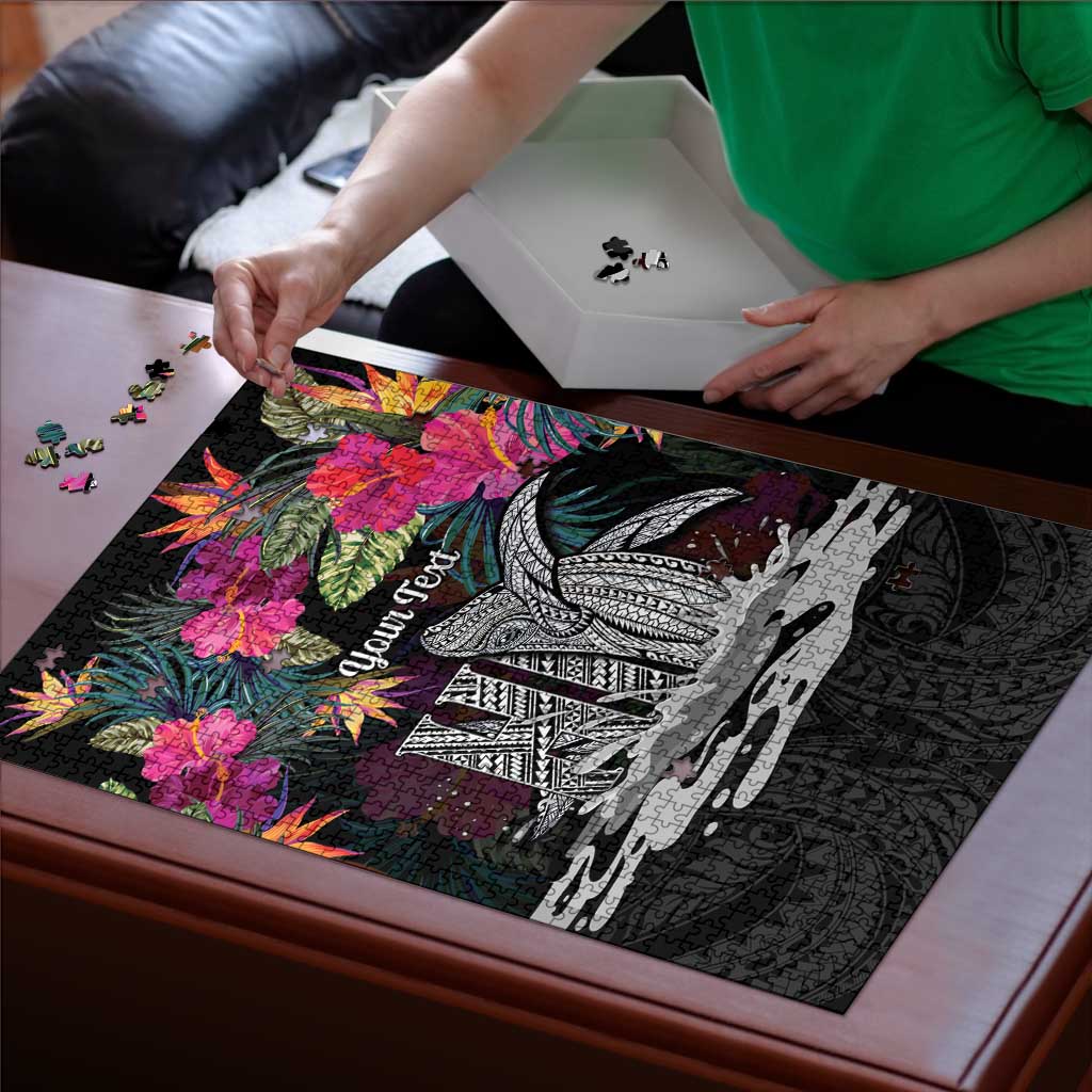 Personalised Hawaii Puzzle Humpback Whale Tattoo With Tropical Flowers Black LT14 - Polynesian Pride