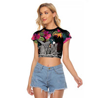 Personalised Hawaii Raglan Cropped T Shirt Humpback Whale Tattoo With Tropical Flowers Black LT14 Female Black - Polynesian Pride
