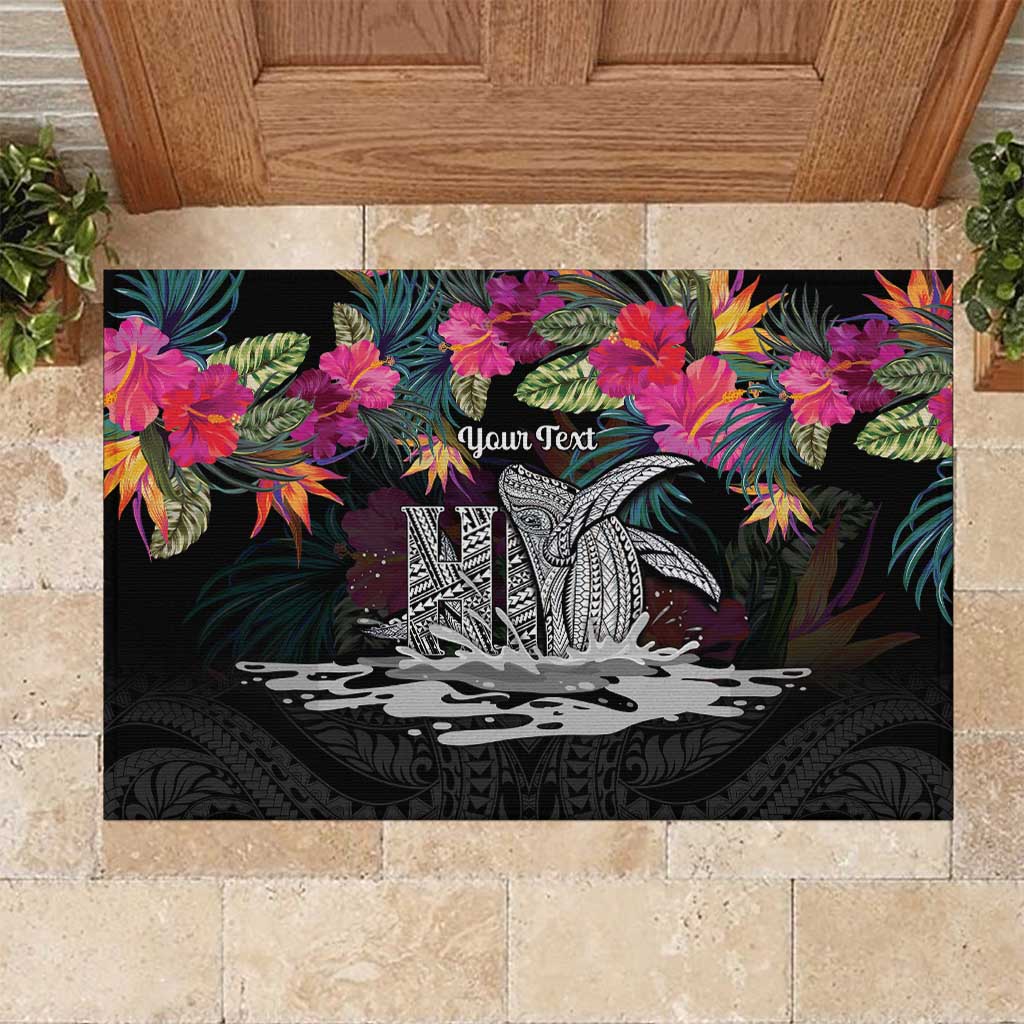 Personalised Hawaii Rubber Doormat Humpback Whale Tattoo With Tropical Flowers Black LT14 Black - Polynesian Pride