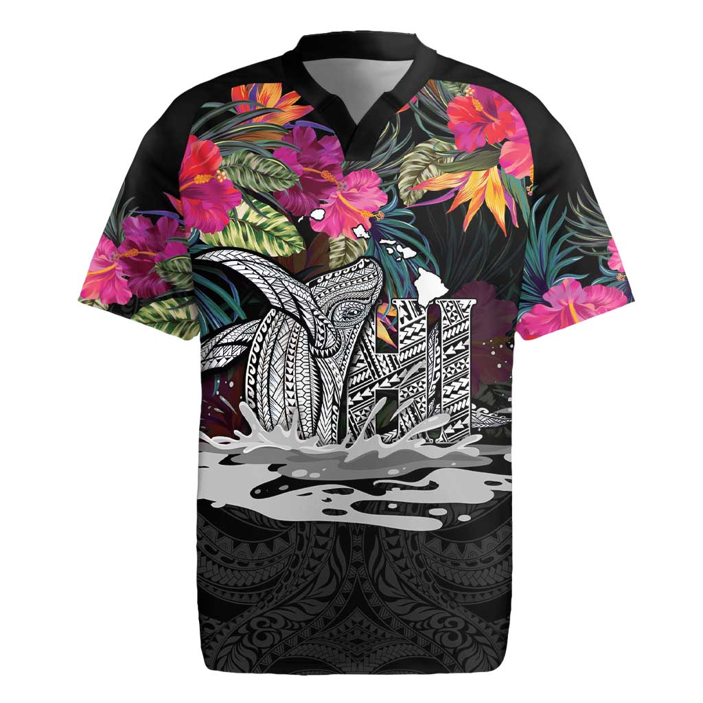 Personalised Hawaii Rugby Jersey Humpback Whale Tattoo With Tropical Flowers Black