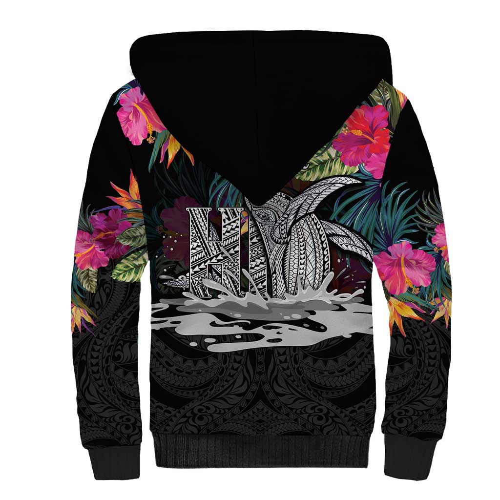 Personalised Hawaii Sherpa Hoodie Humpback Whale Tattoo With Tropical Flowers Black LT14 - Polynesian Pride
