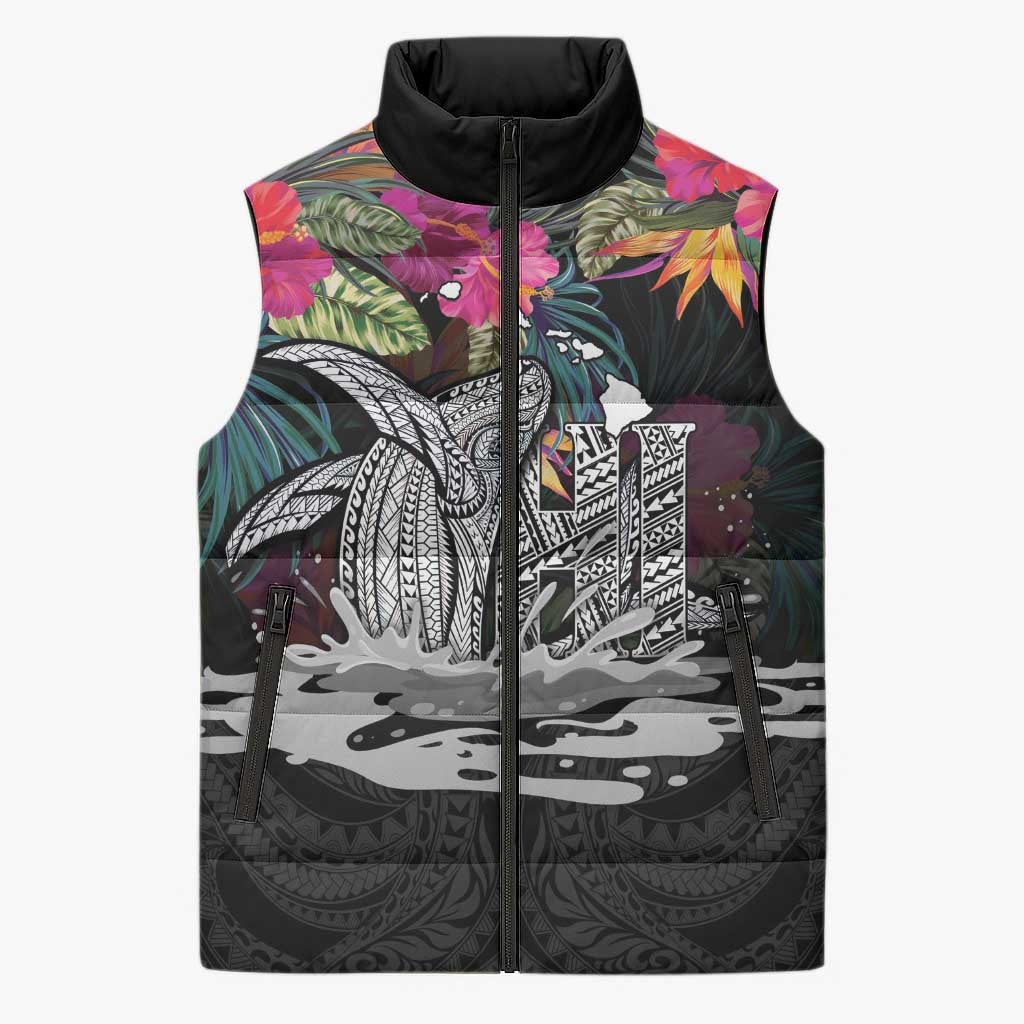 Personalised Hawaii Sleeveless Puffer Jacket Humpback Whale Tattoo With Tropical Flowers Black LT14 Unisex Black - Polynesian Pride