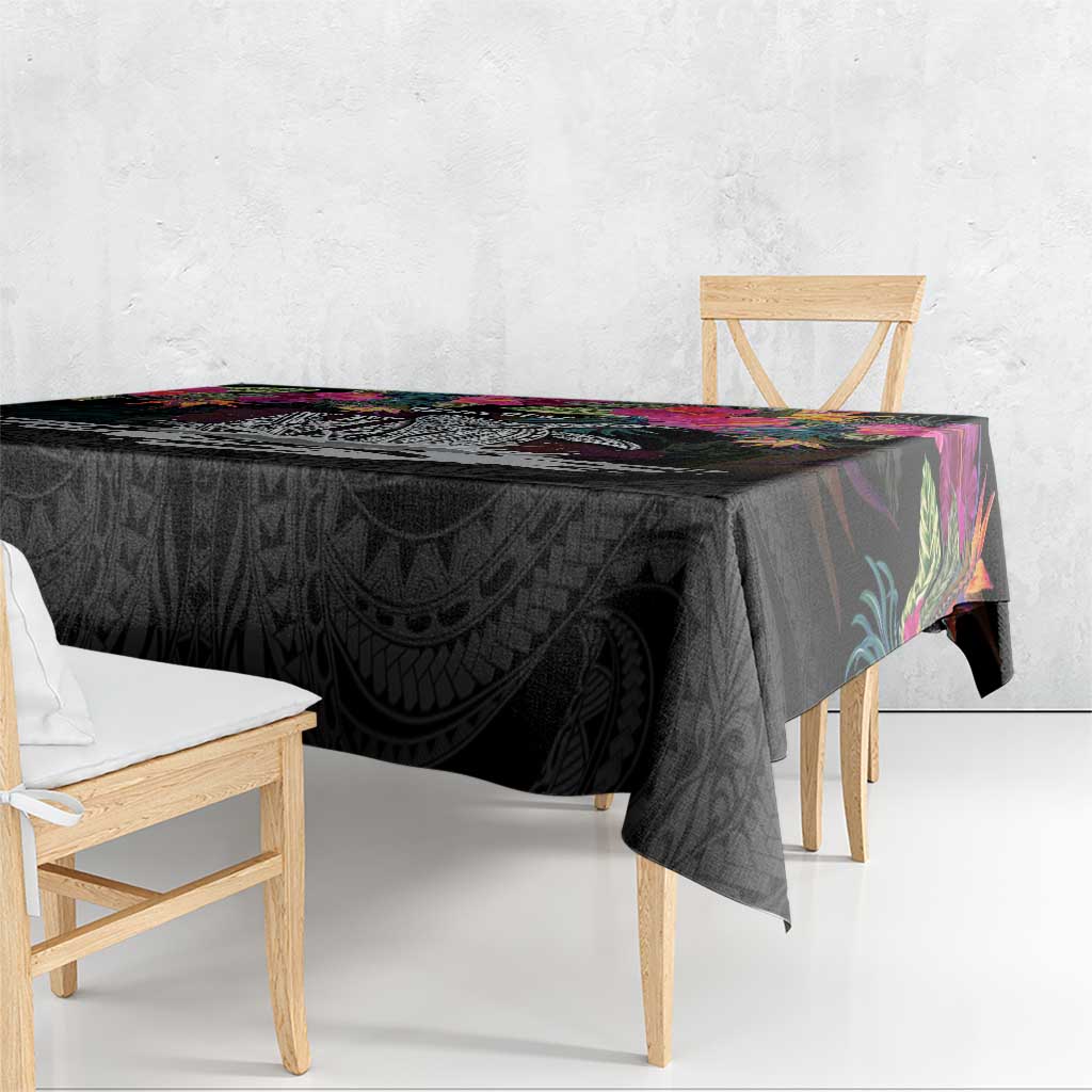 Personalised Hawaii Tablecloth Humpback Whale Tattoo With Tropical Flowers Black LT14 - Polynesian Pride