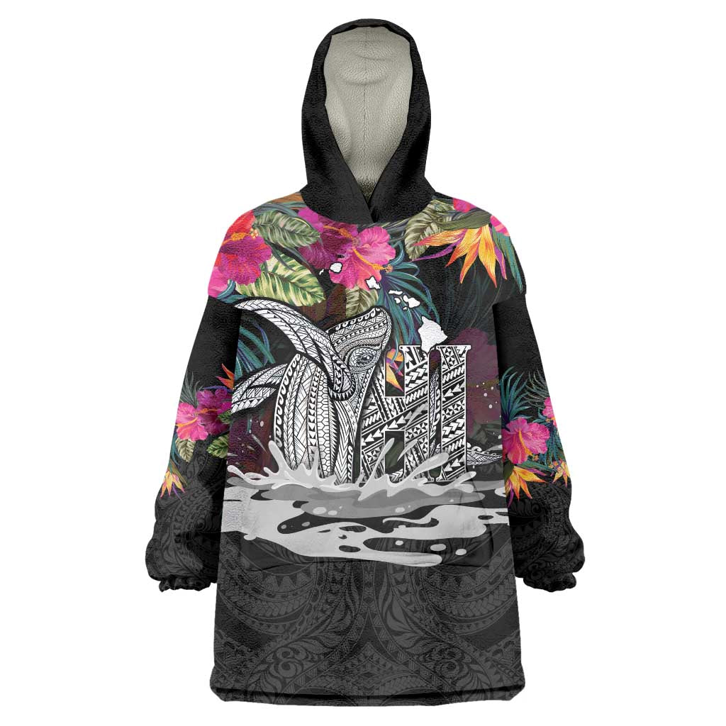 Personalised Hawaii Wearable Blanket Hoodie Humpback Whale Tattoo With Tropical Flowers Black