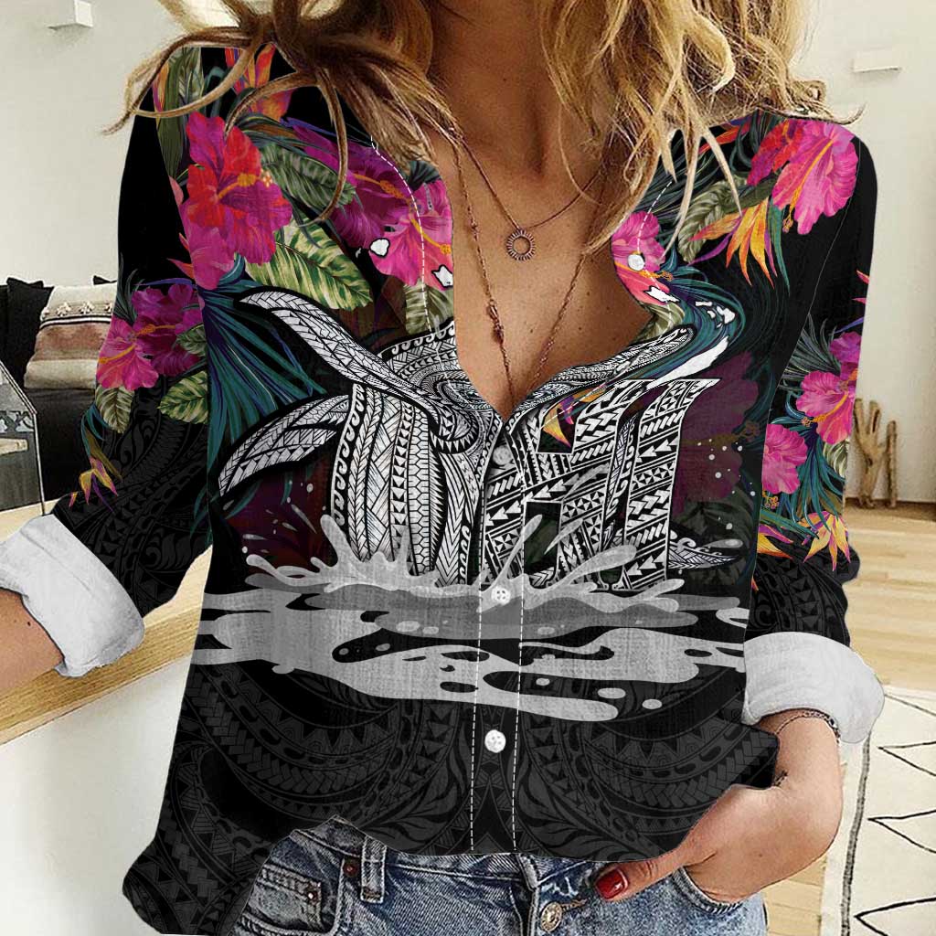 Personalised Hawaii Women Casual Shirt Humpback Whale Tattoo With Tropical Flowers Black