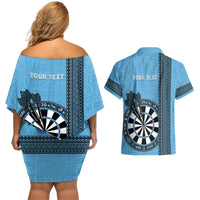 Personalised Fiji Darts Couples Matching Off Shoulder Short Dress and Hawaiian Shirt Fijian Tapa Pattern - Blue