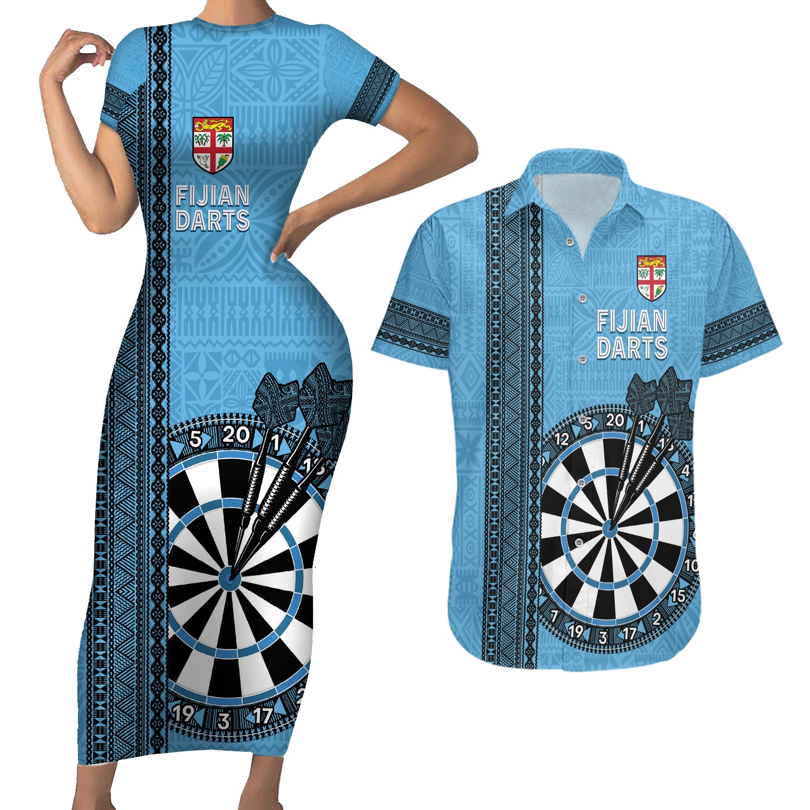 Personalised Fiji Darts Couples Matching Short Sleeve Bodycon Dress and Hawaiian Shirt Fijian Tapa Pattern - Blue