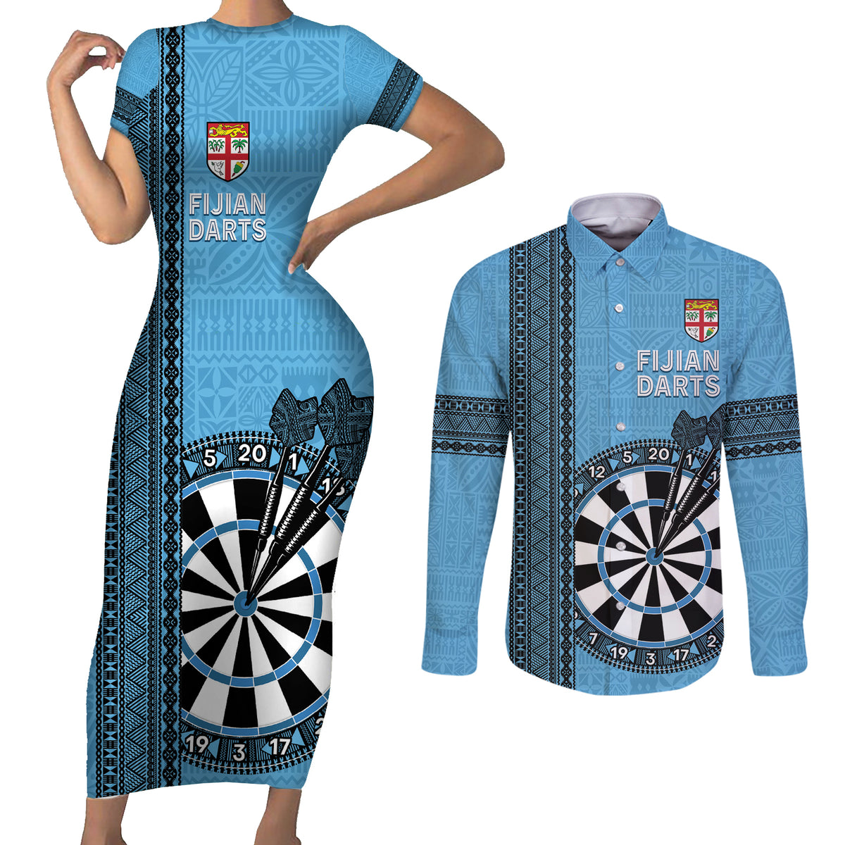 Personalised Fiji Darts Couples Matching Short Sleeve Bodycon Dress and Long Sleeve Button Shirt Fijian Tapa Pattern - Blue
