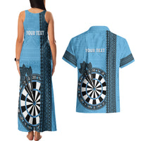 Personalised Fiji Darts Couples Matching Tank Maxi Dress and Hawaiian Shirt Fijian Tapa Pattern - Blue