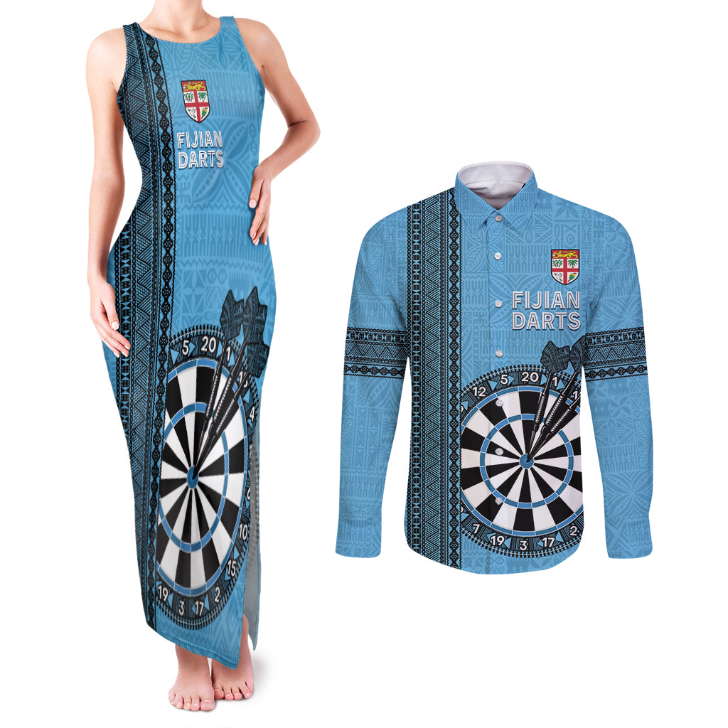 Personalised Fiji Darts Couples Matching Tank Maxi Dress and Long Sleeve Button Shirt Fijian Tapa Pattern - Blue