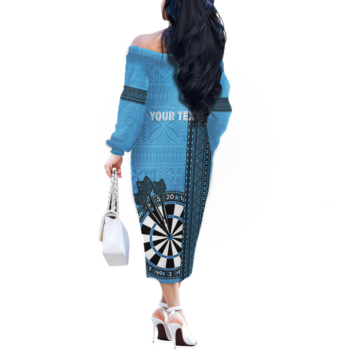 Personalised Fiji Darts Off The Shoulder Long Sleeve Dress Fijian Tapa Pattern - Blue