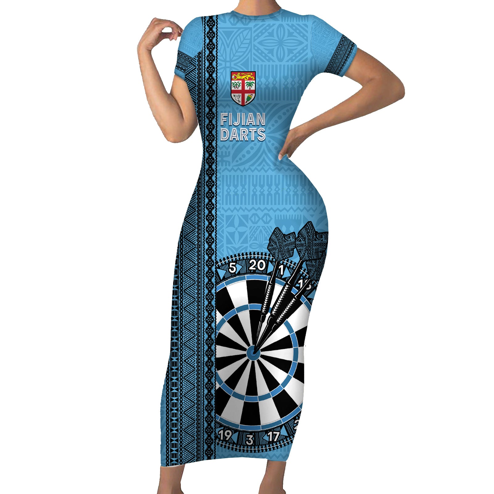 Personalised Fiji Darts Short Sleeve Bodycon Dress Fijian Tapa Pattern - Blue