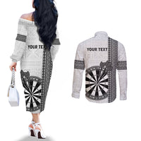 Personalised Fiji Darts Couples Matching Off The Shoulder Long Sleeve Dress and Long Sleeve Button Shirt Fijian Tapa Pattern - White