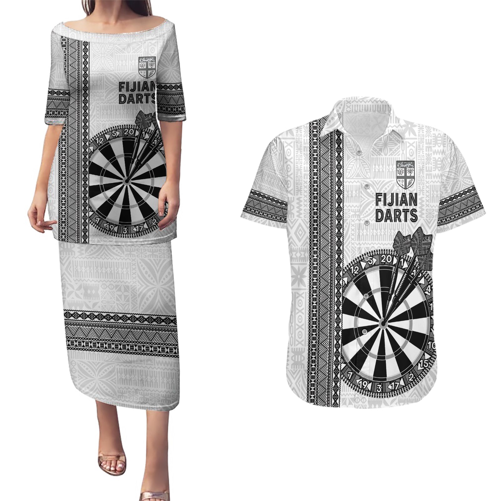 Personalised Fiji Darts Couples Matching Puletasi and Hawaiian Shirt Fijian Tapa Pattern - White
