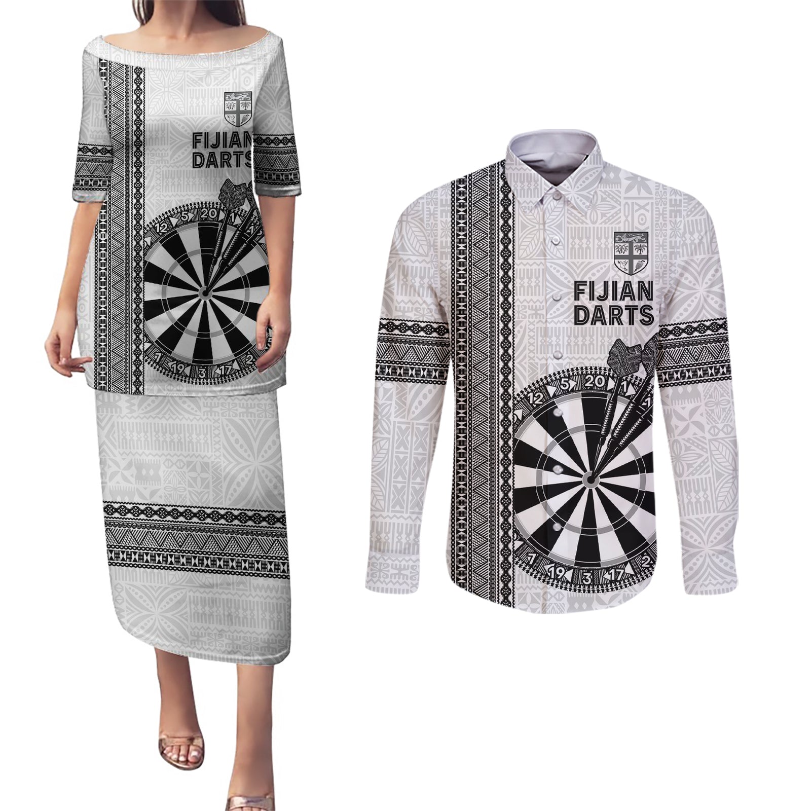 Personalised Fiji Darts Couples Matching Puletasi and Long Sleeve Button Shirt Fijian Tapa Pattern - White