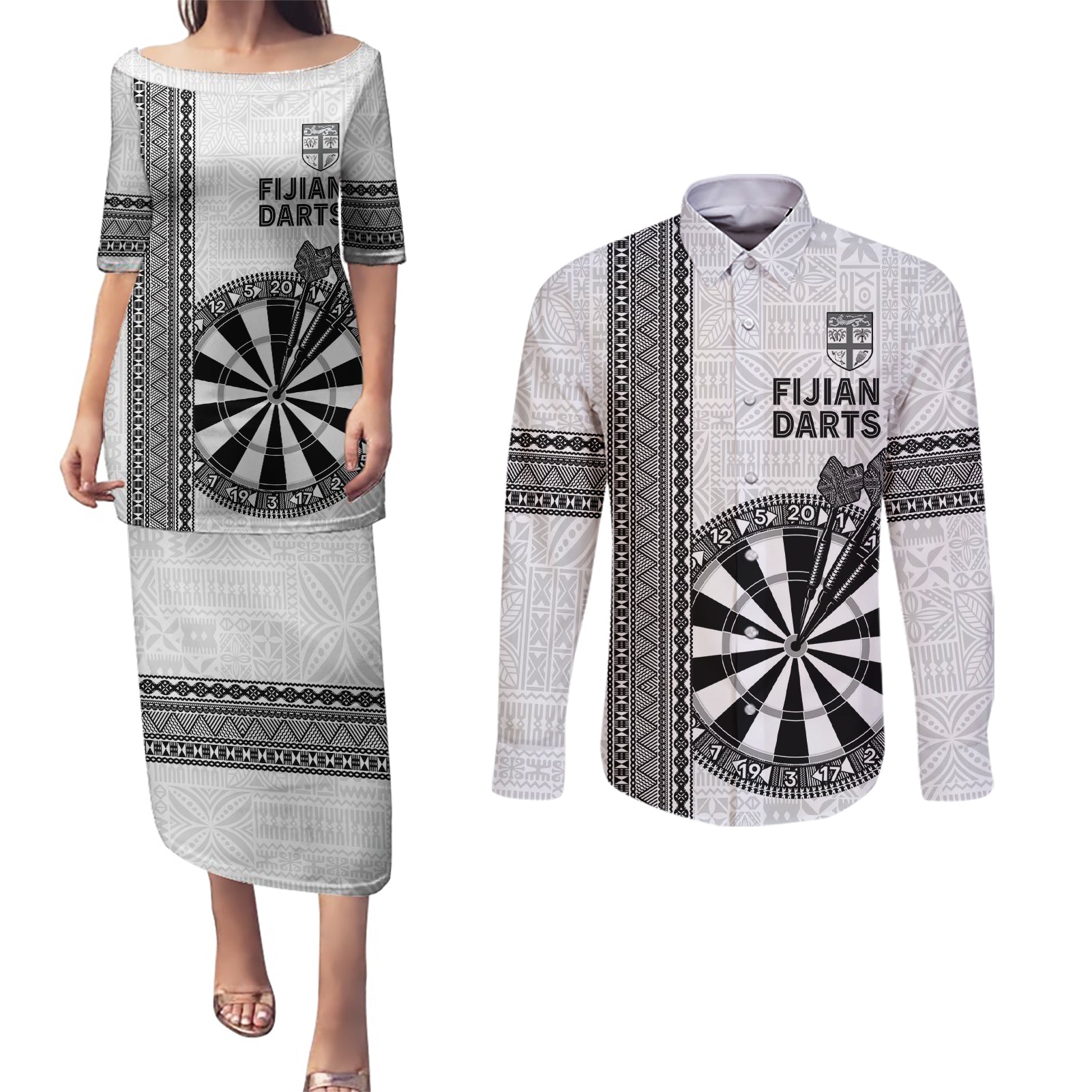 Personalised Fiji Darts Couples Matching Puletasi and Long Sleeve Button Shirt Fijian Tapa Pattern - White