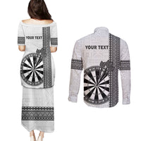 Personalised Fiji Darts Couples Matching Puletasi and Long Sleeve Button Shirt Fijian Tapa Pattern - White