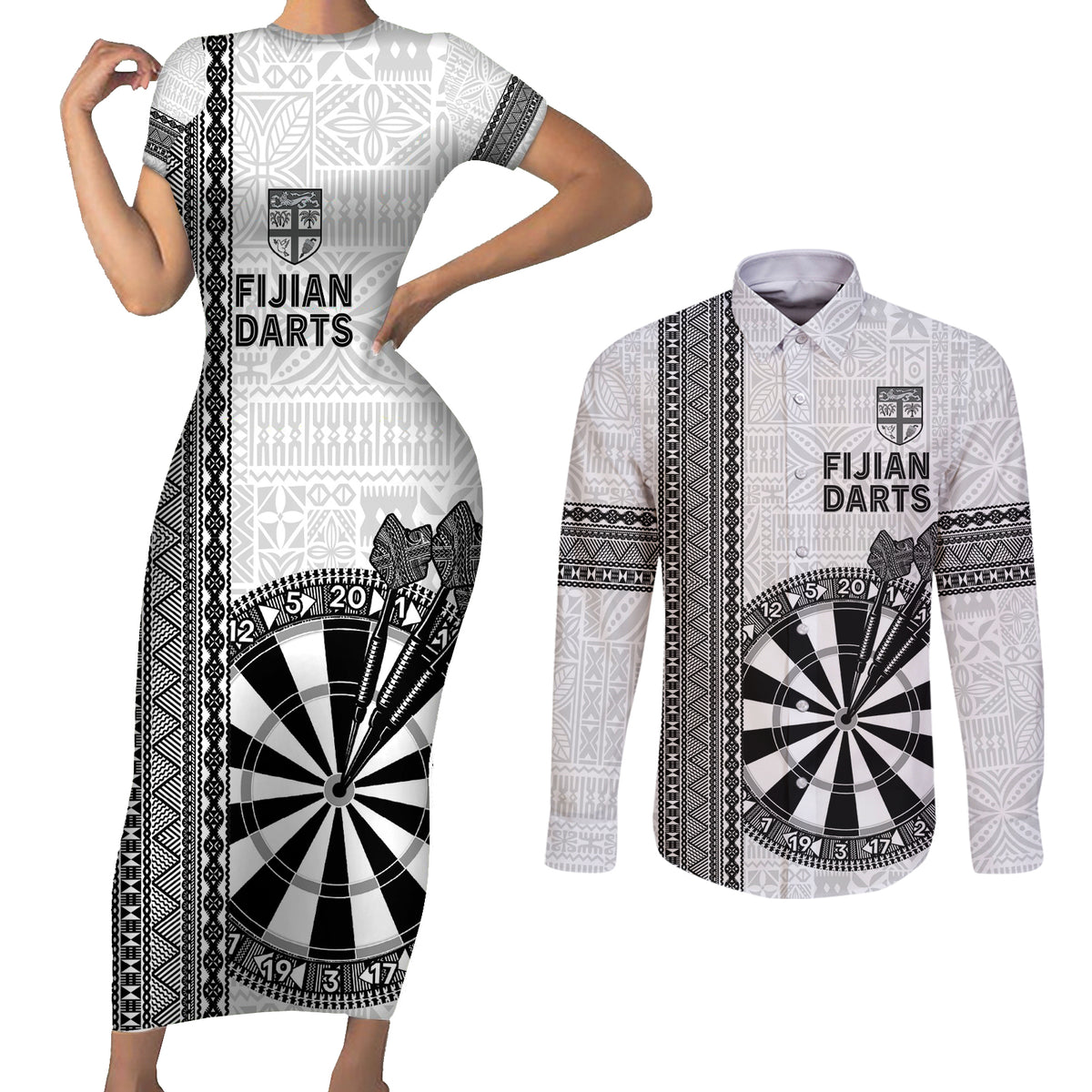 Personalised Fiji Darts Couples Matching Short Sleeve Bodycon Dress and Long Sleeve Button Shirt Fijian Tapa Pattern - White