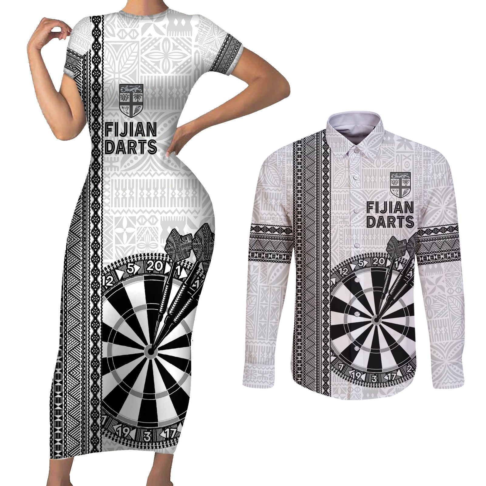 Personalised Fiji Darts Couples Matching Short Sleeve Bodycon Dress and Long Sleeve Button Shirt Fijian Tapa Pattern - White