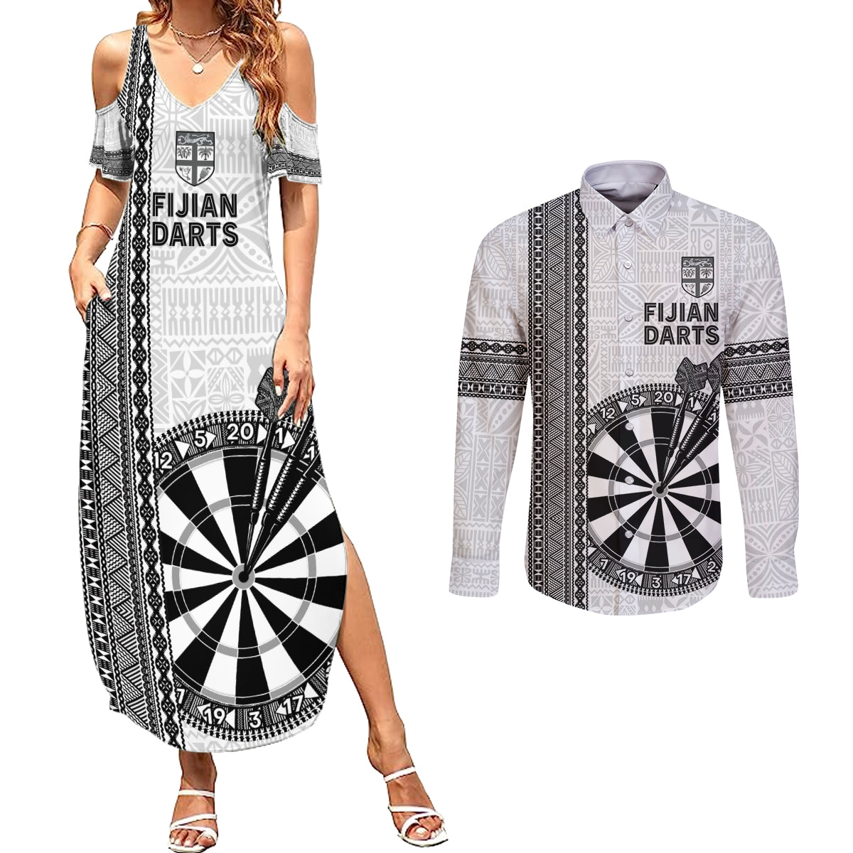 Personalised Fiji Darts Couples Matching Summer Maxi Dress and Long Sleeve Button Shirt Fijian Tapa Pattern - White