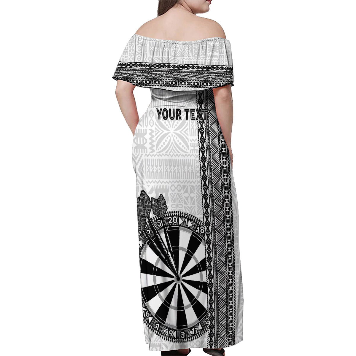Personalised Fiji Darts Family Matching Off Shoulder Maxi Dress and Hawaiian Shirt Fijian Tapa Pattern - White