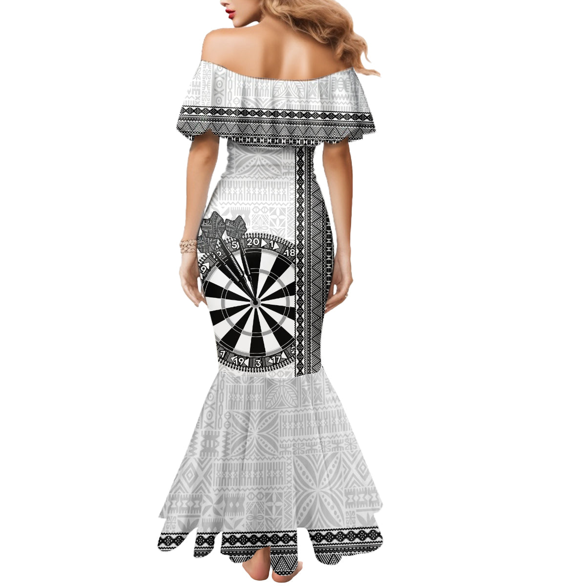 Personalised Fiji Darts Mermaid Dress Fijian Tapa Pattern - White