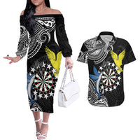 Personalised Cook Islands Darts Couples Matching Off The Shoulder Long Sleeve Dress and Hawaiian Shirt Kuki Airani Tribal Pattern