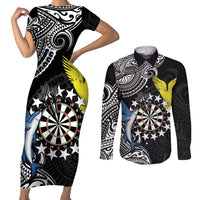 Personalised Cook Islands Darts Couples Matching Short Sleeve Bodycon Dress and Long Sleeve Button Shirt Kuki Airani Tribal Pattern LT14 Black - Polynesian Pride