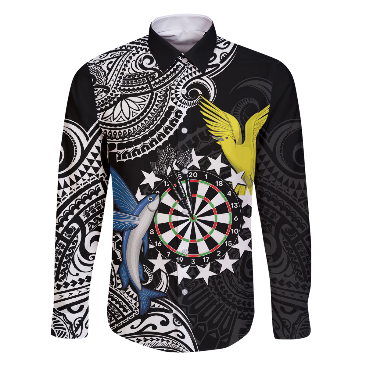 Personalised Cook Islands Darts Family Matching Off Shoulder Maxi Dress and Hawaiian Shirt Kuki Airani Tribal Pattern LT14 Dad's Shirt - Long Sleeve Black - Polynesian Pride
