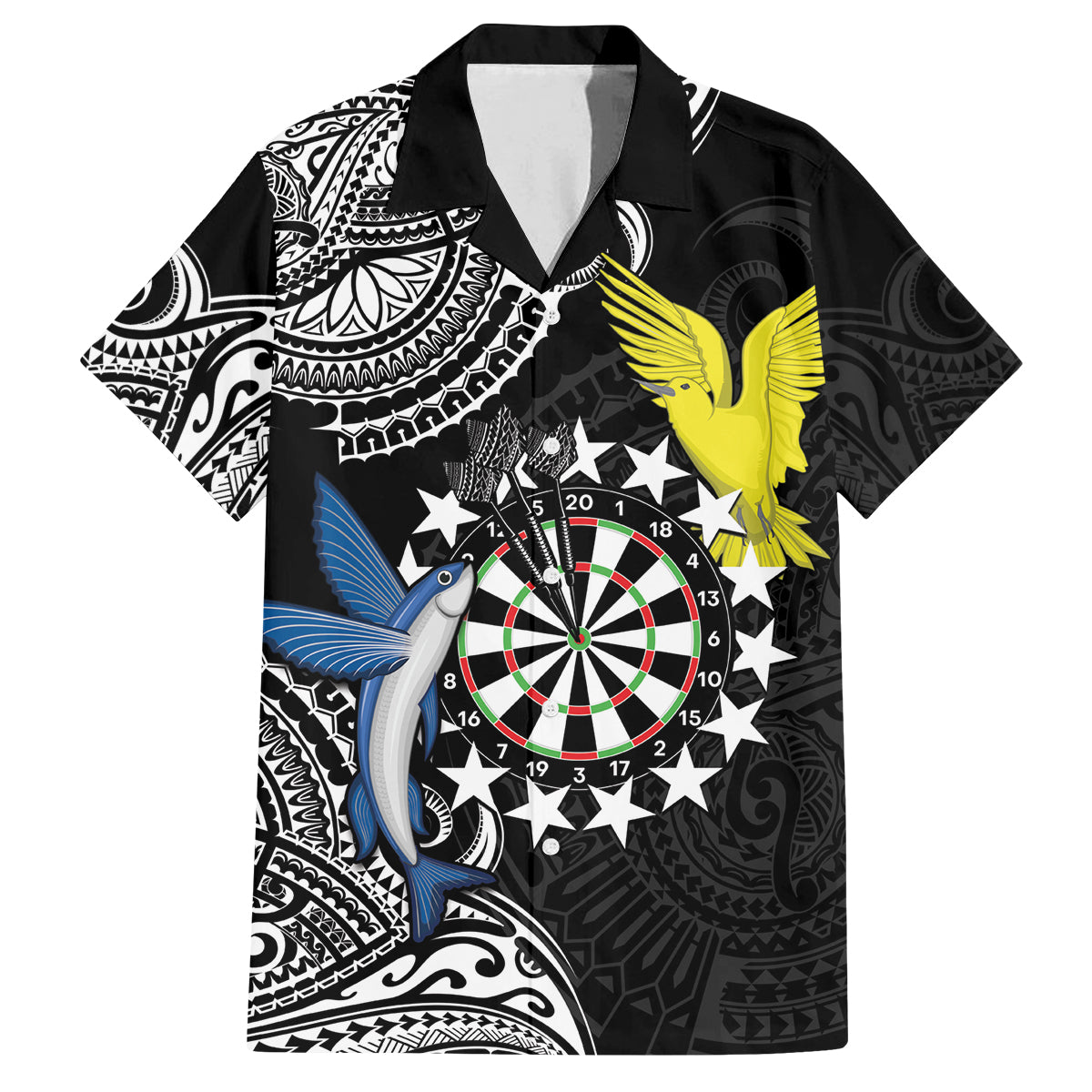 Personalised Cook Islands Darts Family Matching Puletasi and Hawaiian Shirt Kuki Airani Tribal Pattern LT14 Dad's Shirt - Short Sleeve Black - Polynesian Pride