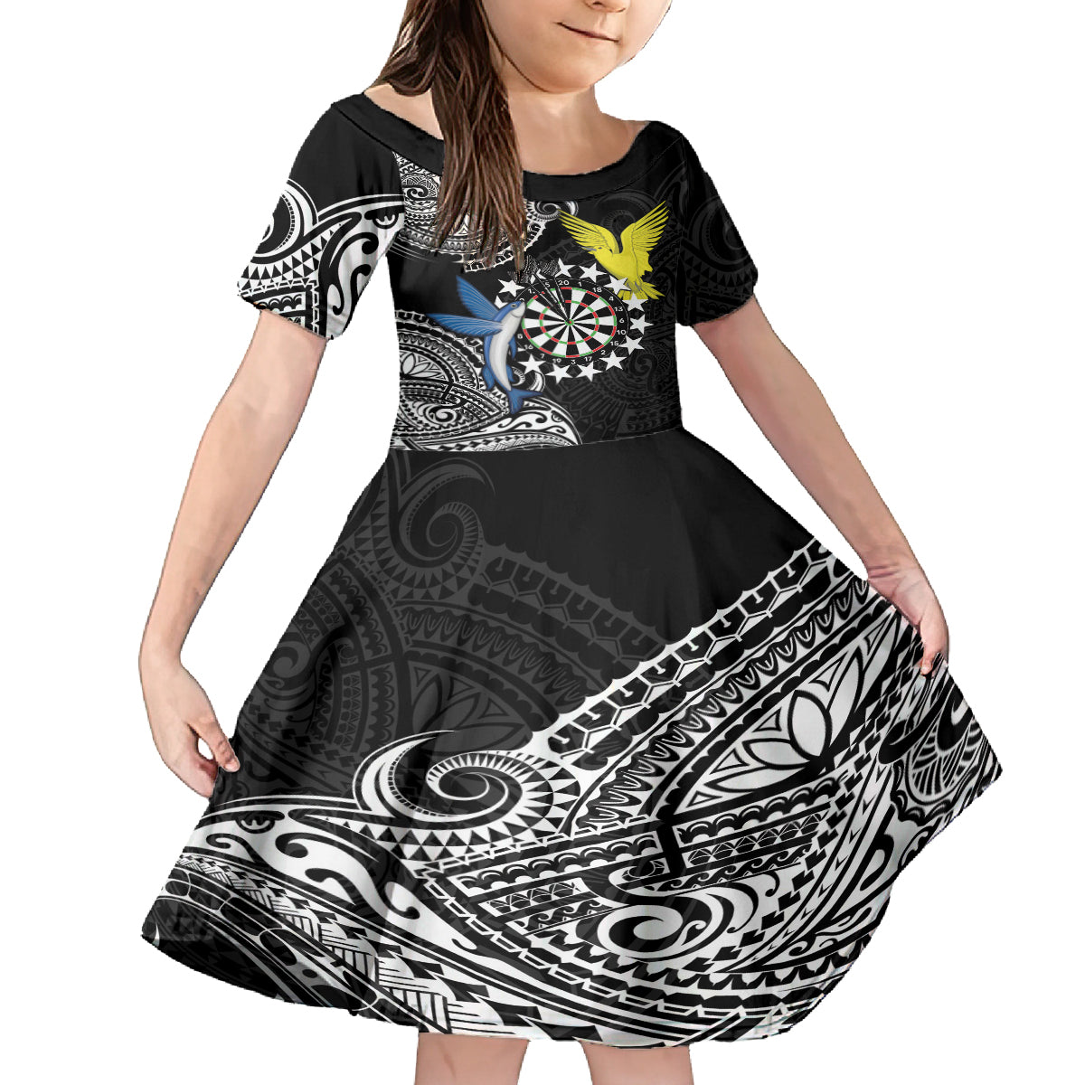 Personalised Cook Islands Darts Family Matching Summer Maxi Dress and Hawaiian Shirt Kuki Airani Tribal Pattern LT14 Daughter's Dress Black - Polynesian Pride
