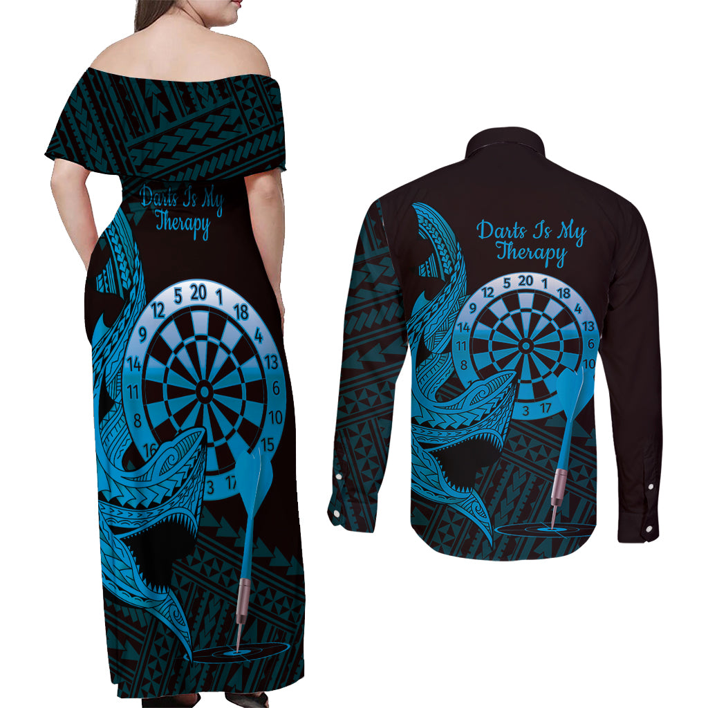 Aloha Hawaii Darts Couples Matching Off Shoulder Maxi Dress and Long Sleeve Button Shirt Dart Board With Polynesian Shark - Blue