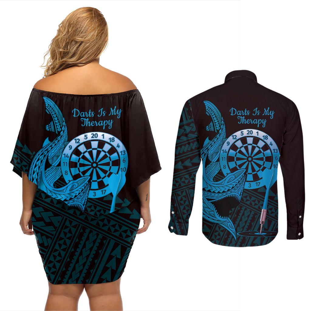 Aloha Hawaii Darts Couples Matching Off Shoulder Short Dress and Long Sleeve Button Shirt Dart Board With Polynesian Shark - Blue