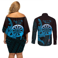 Aloha Hawaii Darts Couples Matching Off Shoulder Short Dress and Long Sleeve Button Shirt Dart Board With Polynesian Shark - Blue