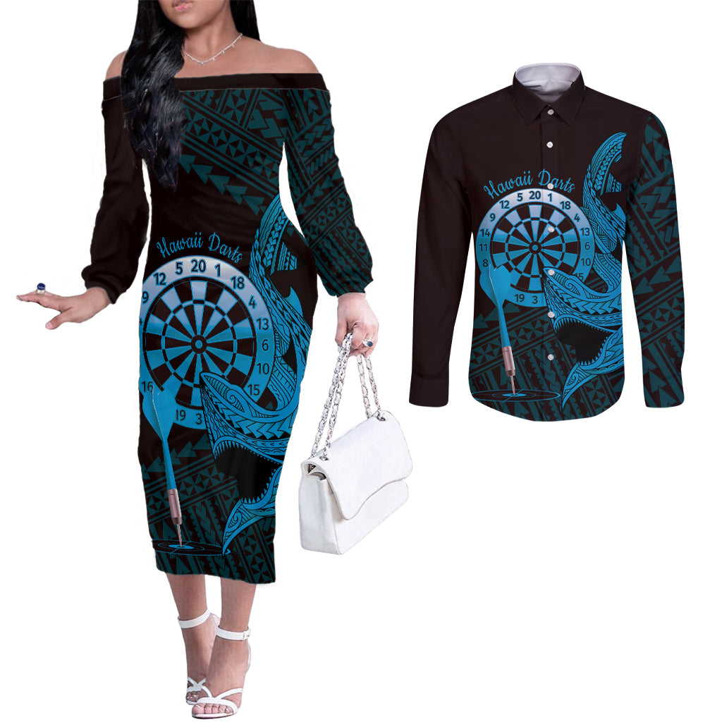 Aloha Hawaii Darts Couples Matching Off The Shoulder Long Sleeve Dress and Long Sleeve Button Shirt Dart Board With Polynesian Shark - Blue LT14 Blue - Polynesian Pride